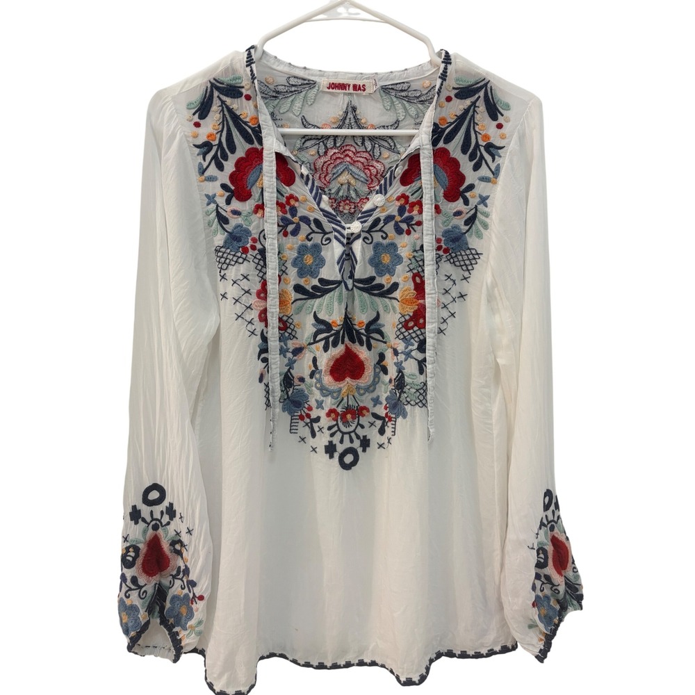 Johnny Was White Embroidered Floral Bisma Blouse Cupra Rayon Small